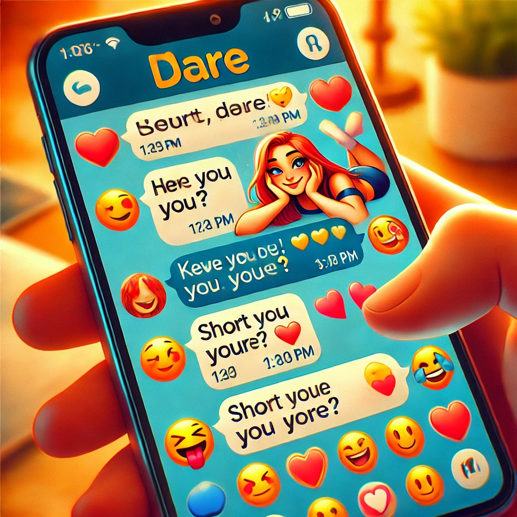 Smartphone screen displaying a fun chat with flirty emojis and dare prompts for a guy.