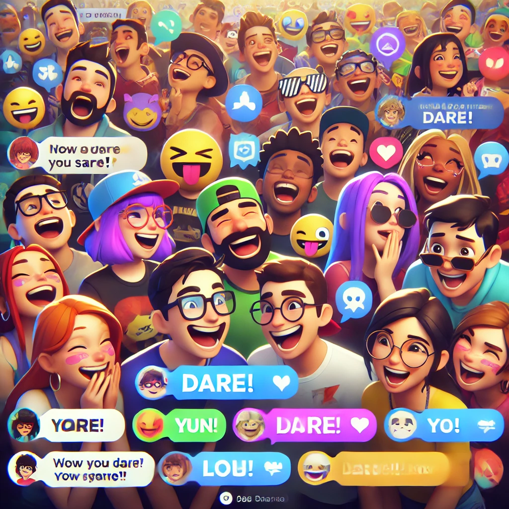 Avatars of friends in an online chat or server, sharing and reacting to humorous dare prompts.