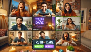 A group of friends on a video call, laughing as they read Truth or Dare prompts from Xdares.com