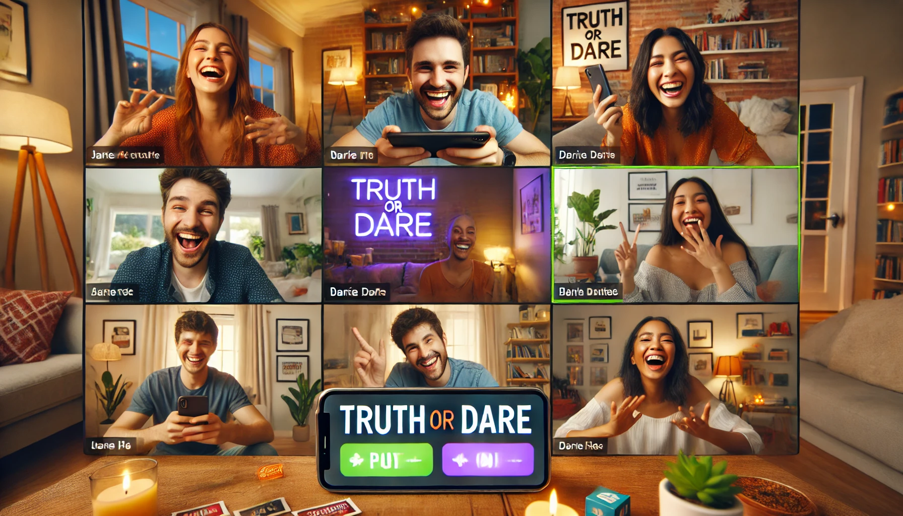 A group of friends on a video call, laughing as they read Truth or Dare prompts from Xdares.com