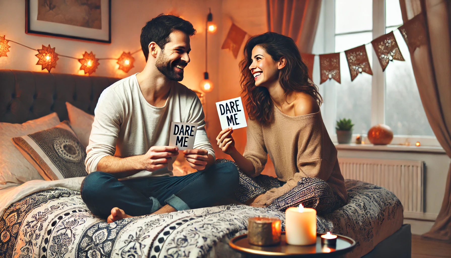 A couple exchanging ‘Horny Dares’ cards in a softly lit bedroom, showcasing a sensual and playful mood.