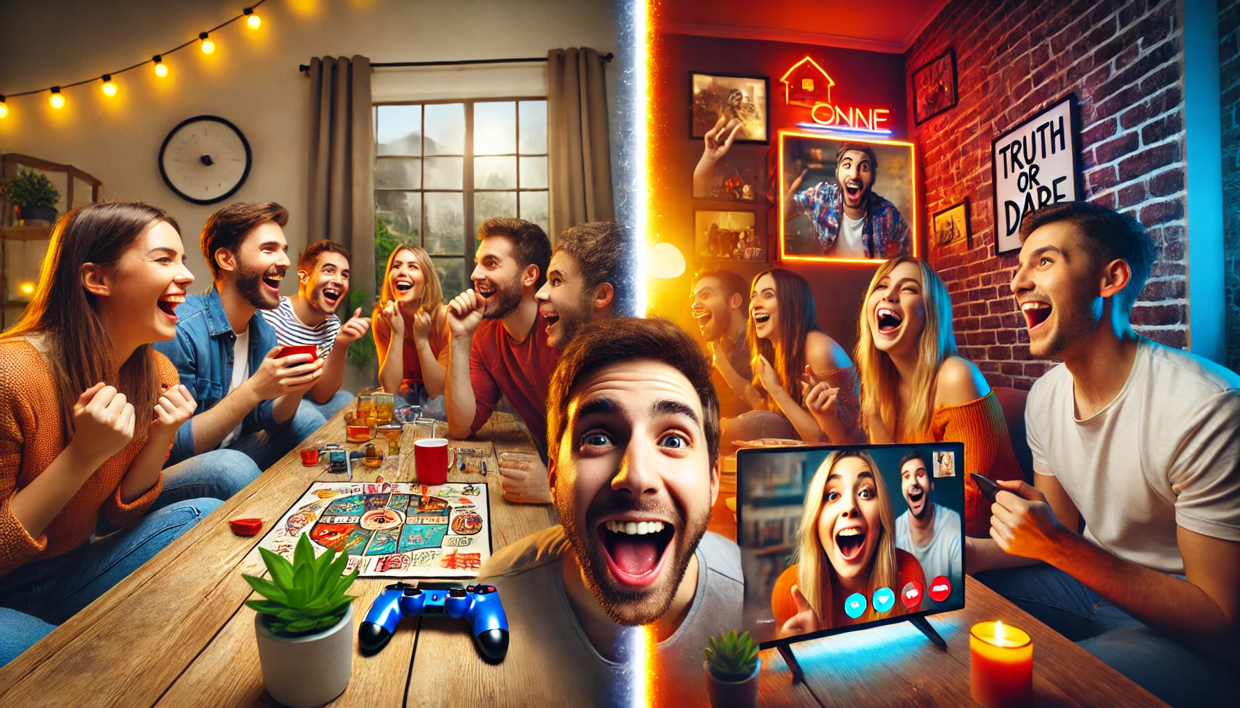 A split scene showing friends playing Truth or Dare in person on one side, and another group on a video call on the other side.