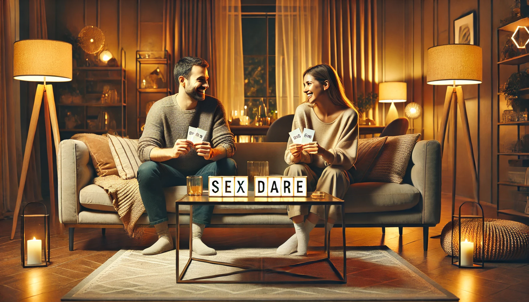 Two consenting adults in a cozy living room sharing playful Sex Dare cards during an intimate truth or dare game.